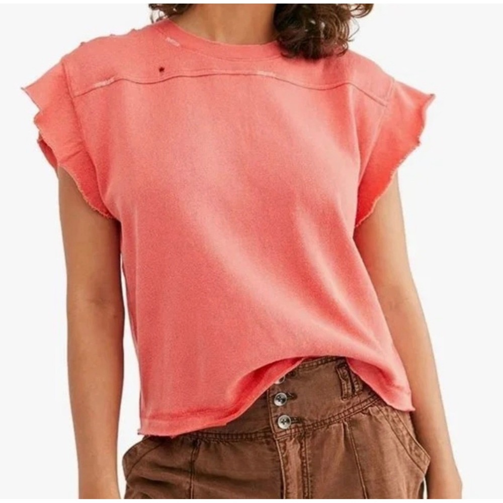 We The Free Free People Red Distressed Cap Sleeve Muscle Tee Large Grunge Boho